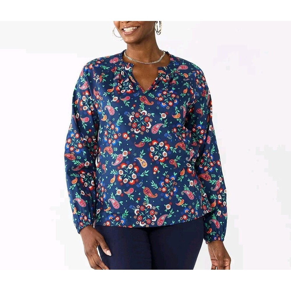 Croft & Barrow Women's Size XL Raglan Popover Blouse Floral Navy Long Sleeve Top